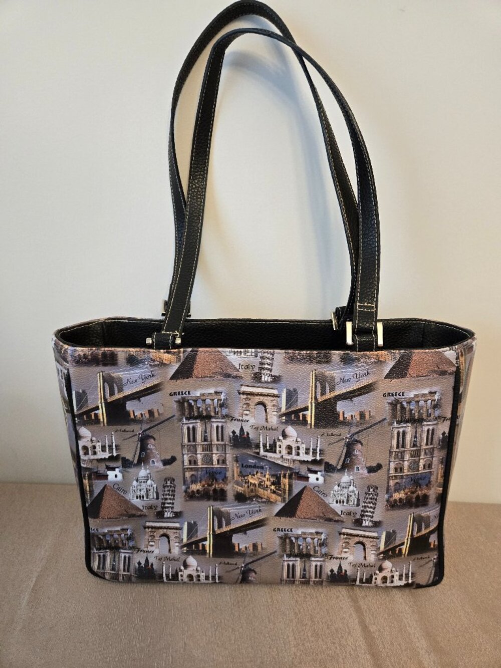 Bueno World Travel Landmark Print Tote Bag Black Faux Leather